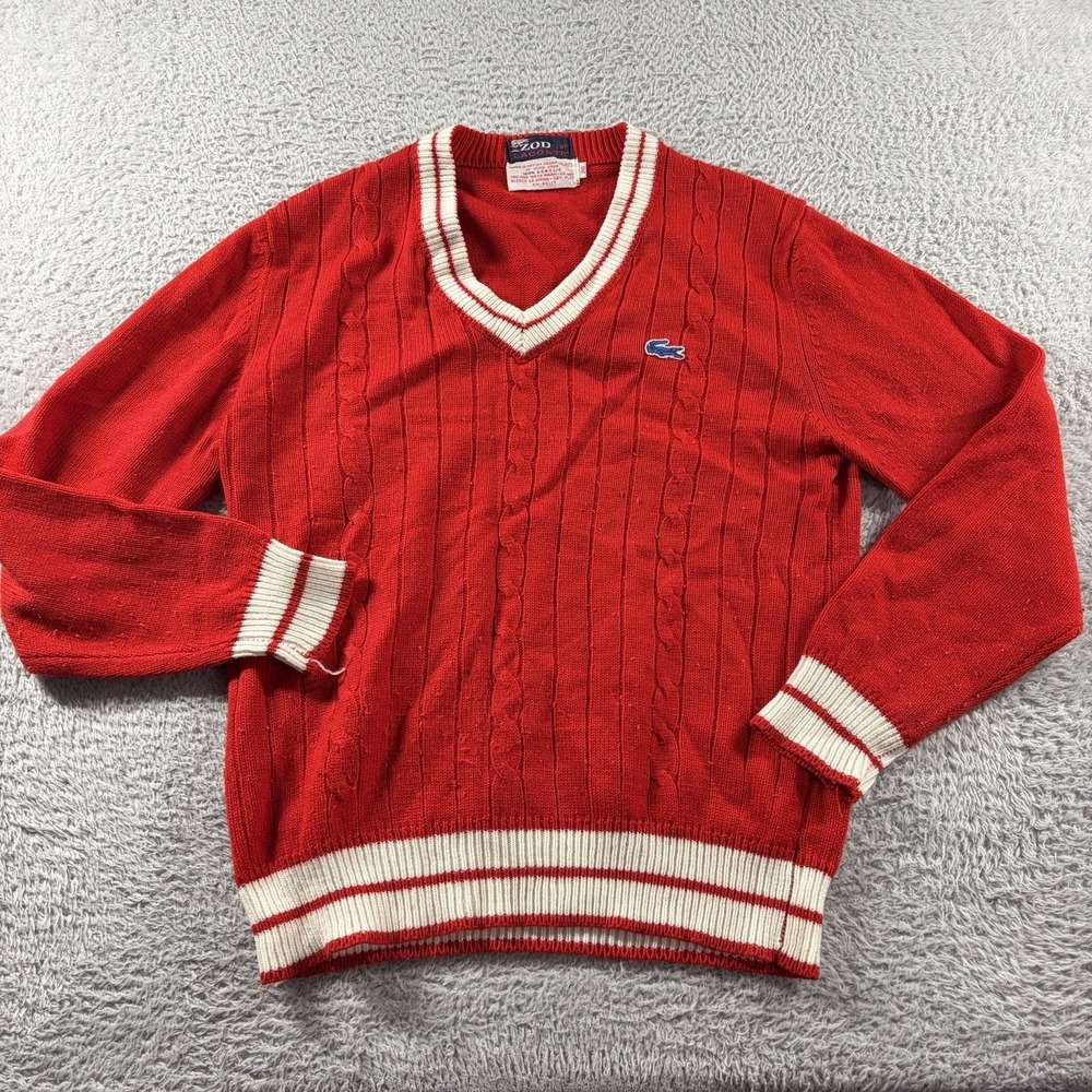 VTG Izod Lacoste Cable Knit Sweater 20 V-Neck 80s Red Tennis Old Money Small